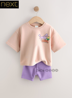 英国Next正品代购女童紫色小猫狗厚度短袖T恤短裤纯棉套装F28-877
