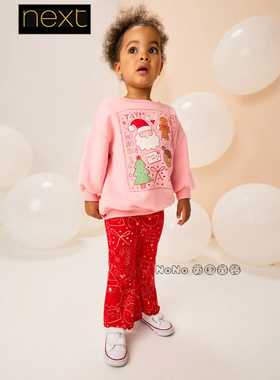 英国Next女童代购粉红色圣诞老人卫衣喇叭长裤套装1-7岁F74-794
