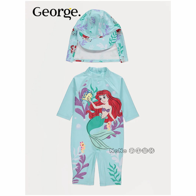 英国乔治George女童美人鱼连体泳衣T恤防晒遮颈帽套装1404688