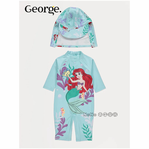 英国乔治George女童美人鱼连体泳衣T恤防晒遮颈帽套装1404688