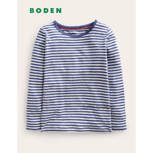 英国Mini BODEN女童柔软蓝色条纹长袖T恤纯棉2-14岁新款G4920