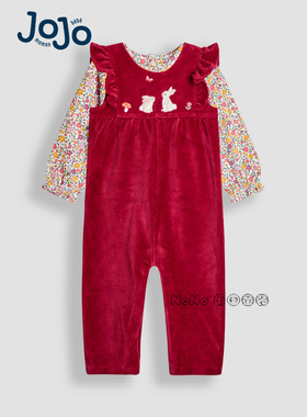 英国JOJO Maman Bebe婴儿红色兔子刺绣背带裤T恤纯棉套装F87-421
