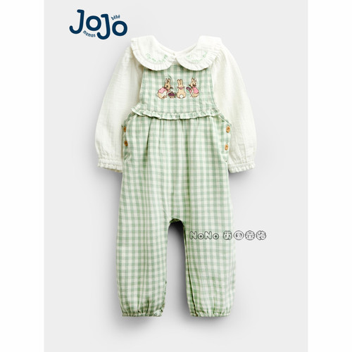英国JOJO Maman Bebe婴儿彼得兔格子刺绣背带裤包屁衣套装G29-079