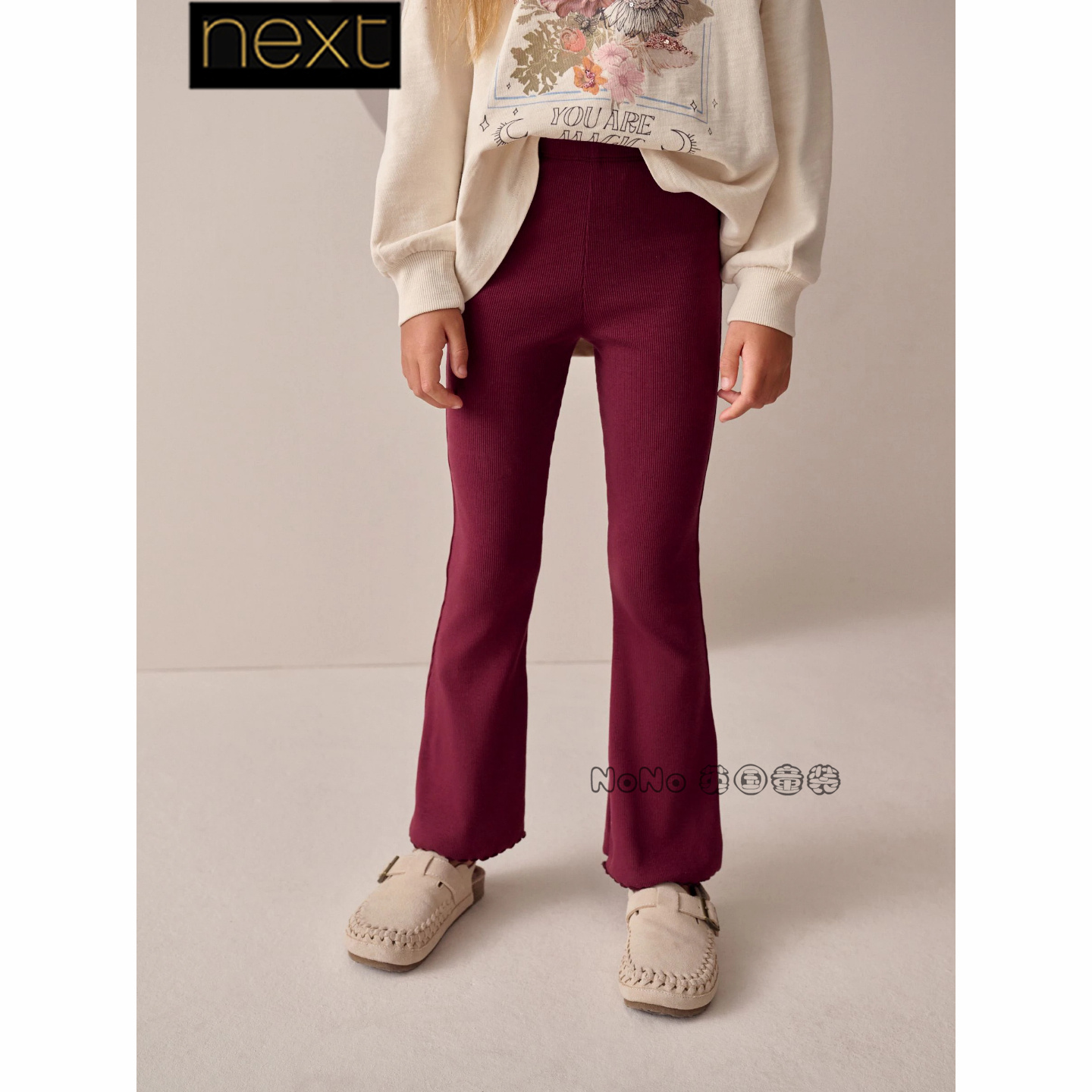 英国Next正品代购女大童亲子酒红色弹力纯棉喇叭裤3-16岁W29-082
