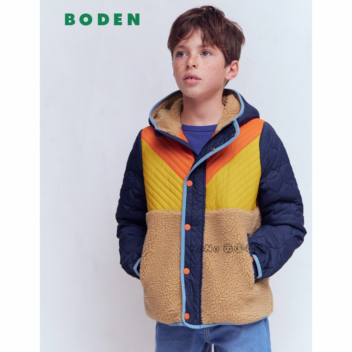 英国Mini BODEN男童蓝米橘拼色外套羊羔毛棉服加厚2-14岁B3146