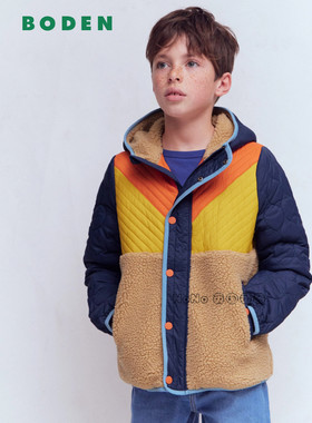 英国Mini BODEN男童蓝米橘拼色外套羊羔毛棉服加厚2-14岁B3146