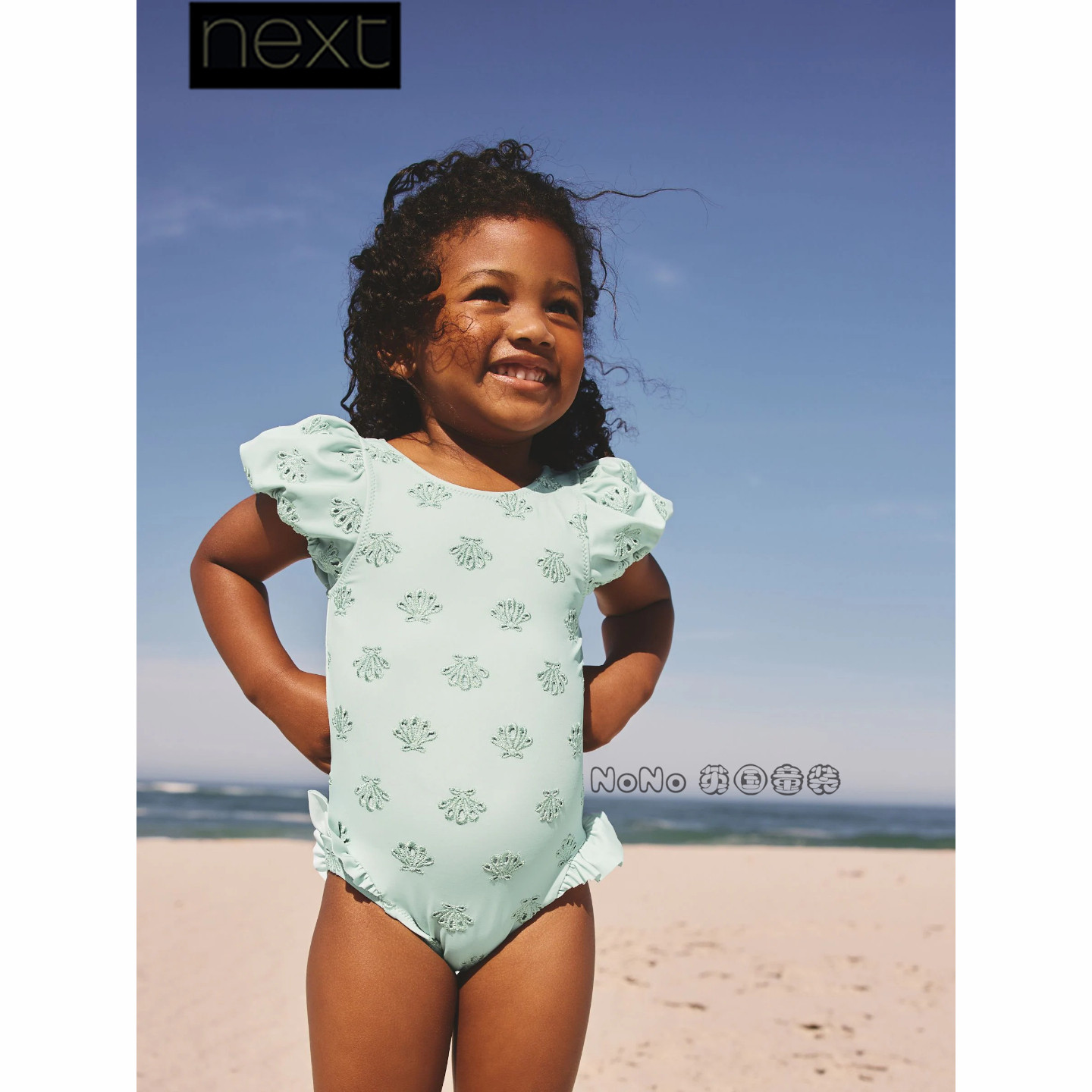 英国Next正品代购女童绿色刺绣T恤连体泳衣吊带防晒SPF50+H93-785