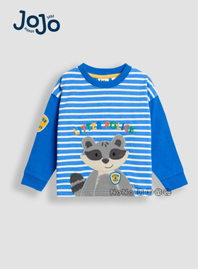 英国Jojo Maman Bebe儿童蓝色条纹浣熊刺绣长袖T恤纯棉F96-672
