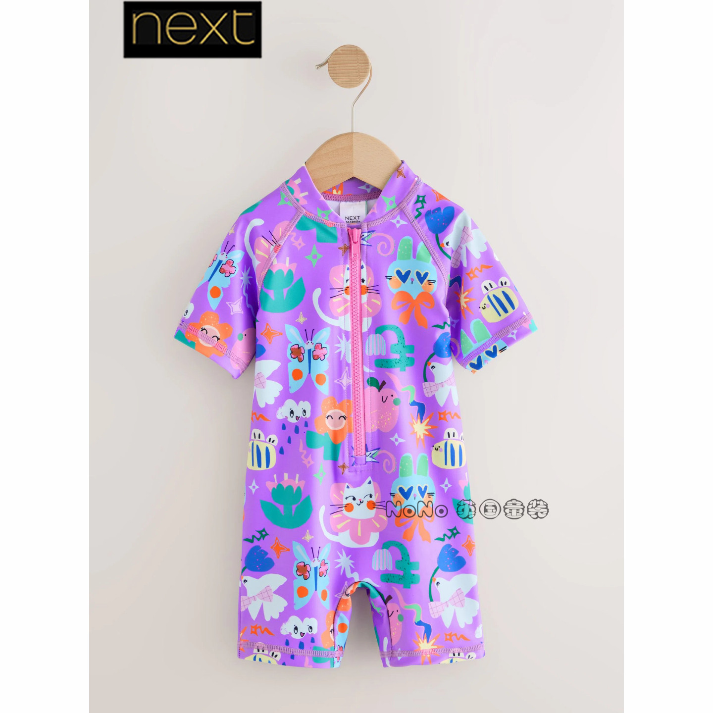 英国Next正品代购女童紫色蜜蜂卡通兔子连体泳衣拉链套头H37-966