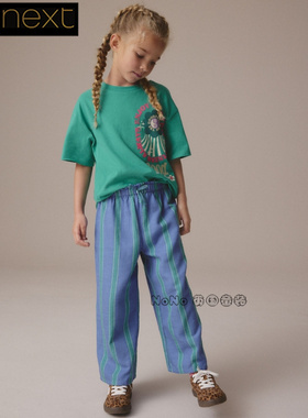 英国Next正品女中大童可亲子粉绿色短袖宽松长款T恤运动衫E45-295