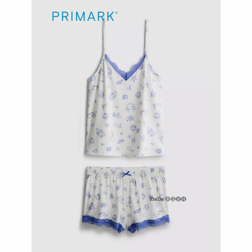 代购英国Primark女款大童蓝色海洋蕾丝吊带背心家居服睡衣短裤