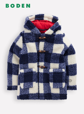 英国Mini Boden男童蓝白色格子毛绒牛角扣棉服加厚2-10岁B3107