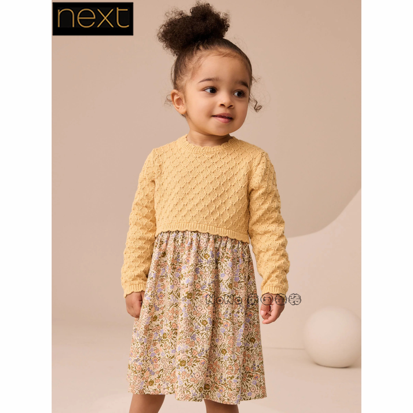 英国Next正品代购女童黄色小碎花针织毛衣连衣裙纯棉花领AV7-978