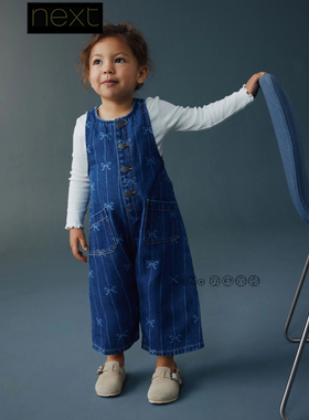 Next英国正品代购新款蓝色牛仔蝴蝶结休闲连身全棉1-8岁H59-966
