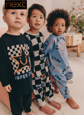 英国Next正品男童蓝色星星黑白棋盘格家居服睡衣秋裤纯棉F21-000