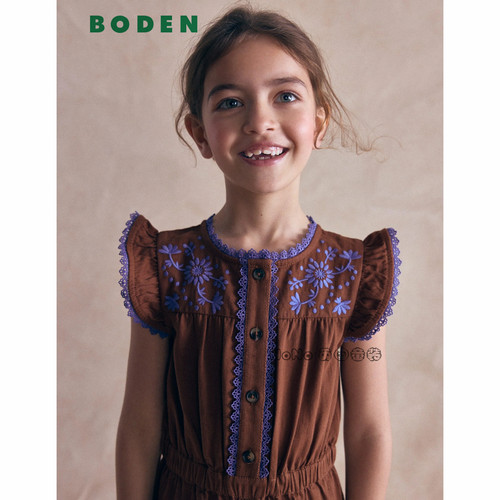 英国Mini Boden女童咖蓝色刺绣花朵连身裤全棉4-14岁新款G6089