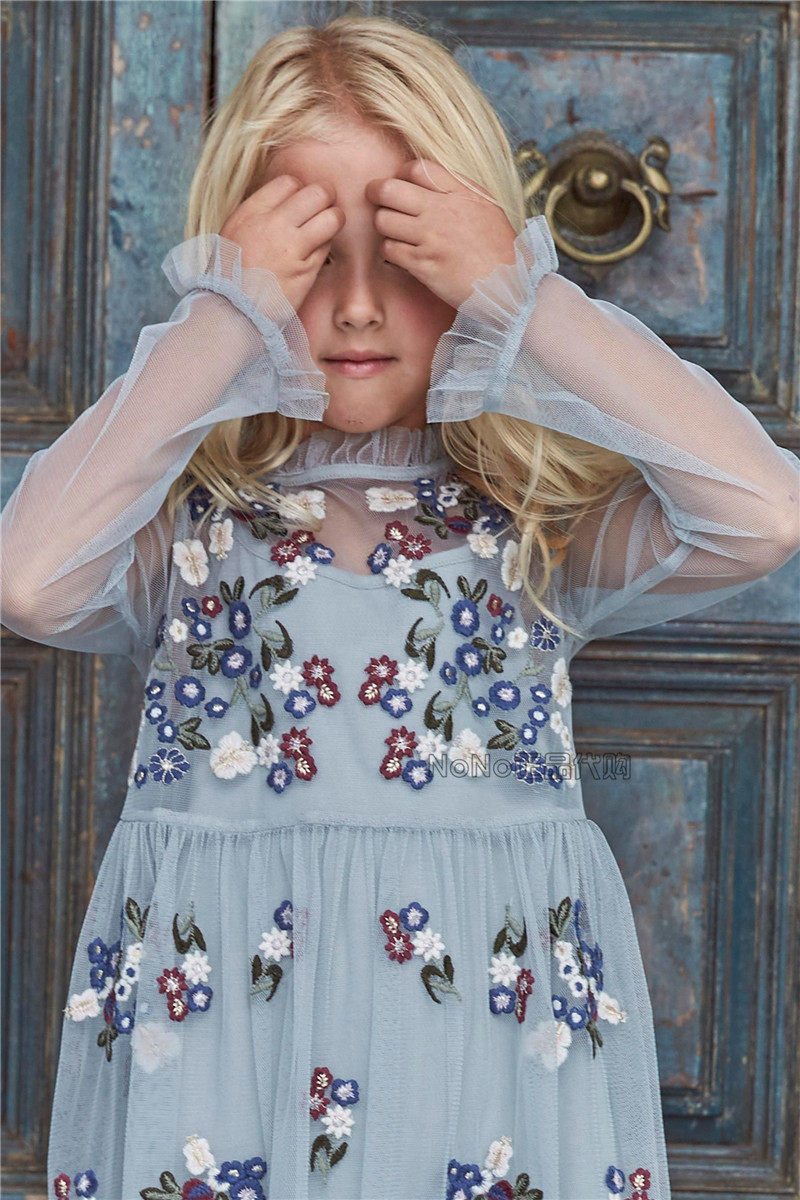 现货Next英国正品女童亲子蓝绿绣花网纱礼服裙连衣裙长裙501-178