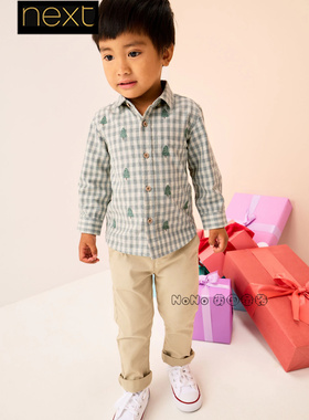 英国Next正品代购男童灰色格子圣诞树刺绣长袖衬衫纯棉F19-354
