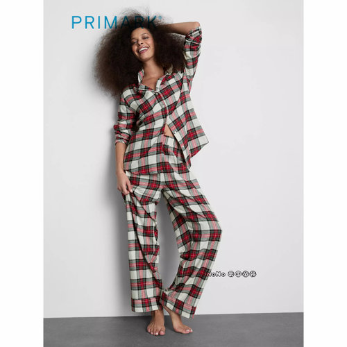 代购英国Primark女款成人大童新年红色格子纯棉家居服睡衣睡裤