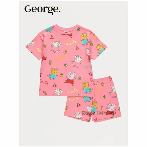 英国乔治George女童粉色小猪佩奇樱桃短袖T恤家居服睡衣裤1420982