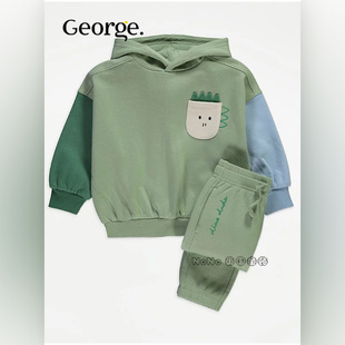 现货英国乔治George男童蓝绿撞色恐龙卫衣运动衫卫裤套装加绒