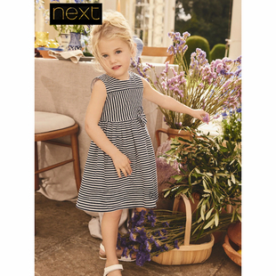 W89 8岁新款 747 英国Next女童蓝白色条纹立体花朵礼服连衣裙短袖