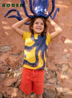 代购英国Mini BODEN25款男童黄色章鱼刺绣短袖T恤纯棉2-12岁