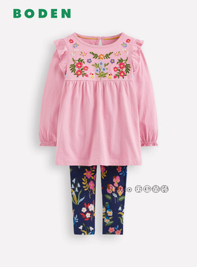 英国Mini Boden女童蝴蝶刺绣碎花长款长袖T恤裙打底裤套装G5601