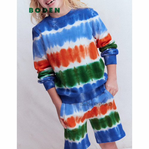 英国Mini Boden男童蓝橙色扎染条卫衣运动衫全棉短裤2-14岁B3044