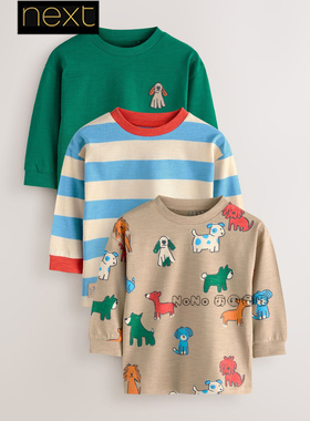 英国Next正品代购男童纯棉蓝绿色条纹小狗长袖T恤运动衫F25-032
