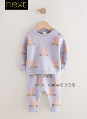 英国Next代购婴儿童紫色兔子毛衣针织套头长裤套装保暖H50-259