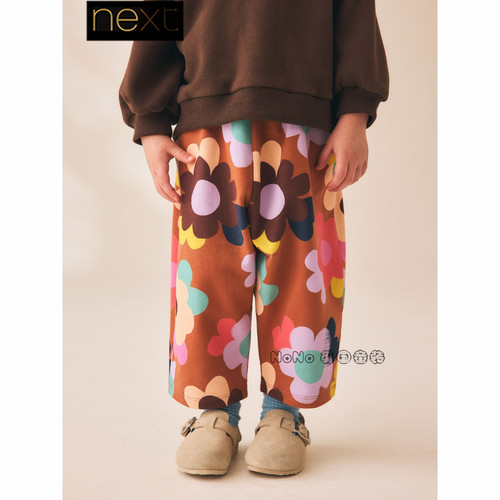Next英国正品代购女童南瓜橘色花朵全棉休闲长裤1-7岁新款V43-037