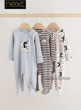 英国Next女婴新生儿灰色小狗条纹连体睡衣长爬睡袋纯棉F35-908