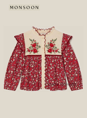 英国MONSOON代购女童红色刺绣碎花长袖衬衫上衣全棉3-13岁865-504