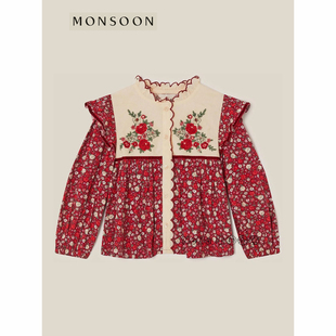 英国MONSOON代购女童红色刺绣碎花长袖衬衫上衣全棉3-13岁865-504