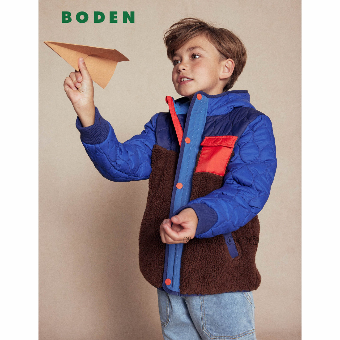 英国Mini BODEN男童蓝棕拼色外套棉服连帽棉衣加厚2-12岁B2941