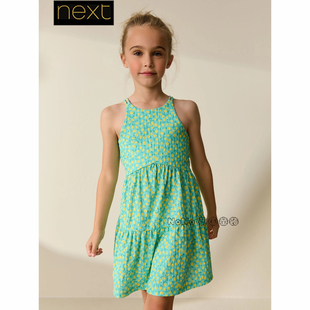 英国Next女大童亲子款绿色柠檬印花吊带连衣裙3-16岁新款H87-592