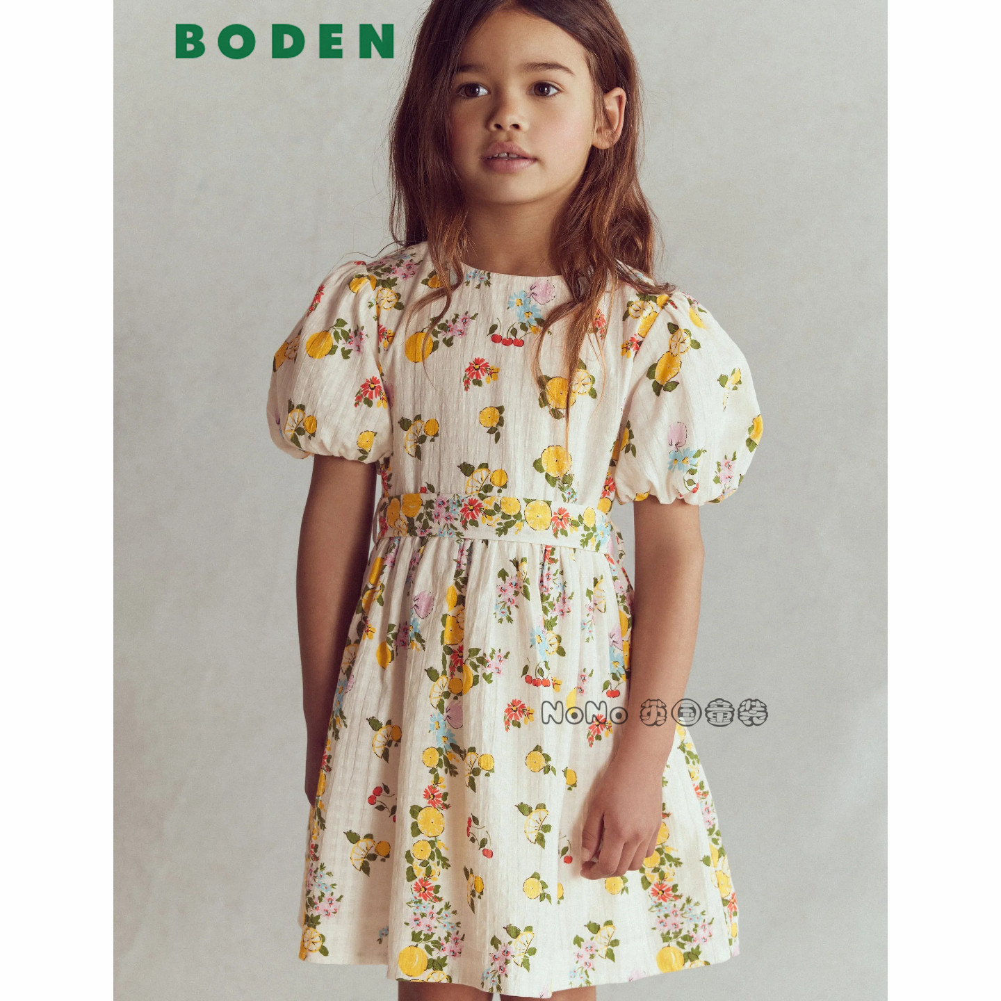 代购英国Mini Boden女童柠檬碎花泡泡袖连衣裙全棉2-12岁G5788