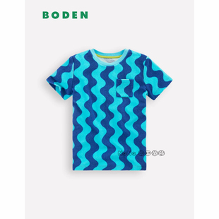 英国Mini BODEN男童蓝色条纹毛巾沙滩巾短袖T恤2-14岁新款B3158