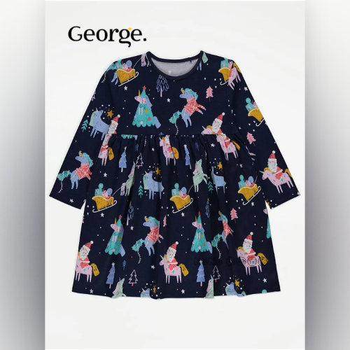 现货英国乔治George女中小童圣诞老人独角兽长袖连衣裙棉1200691