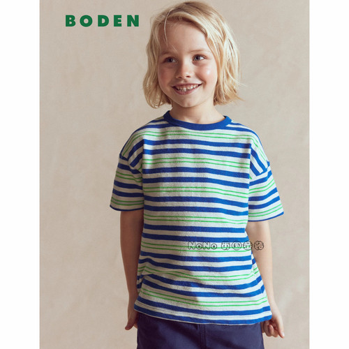 英国Mini BODEN正品男童蓝绿白色条纹短袖T恤全棉2-14岁新款B3241