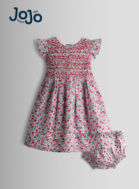 英国JoJo Maman Bebe女童粉红色小碎花打揽刺绣全棉连衣裙V14-065