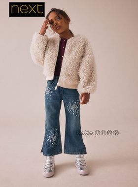 英国Next正品代购女大童亲子蓝色铆钉牛仔裤纯棉喇叭裤AY2-440