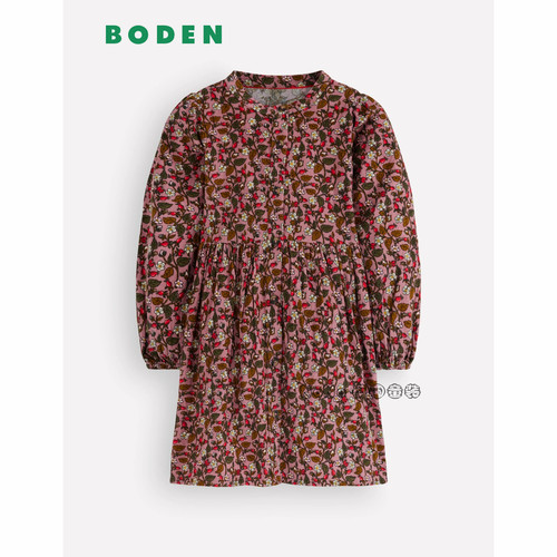 英国Mini Boden女童复古粉红碎花长袖连衣裙纯棉2-12岁新款G6119