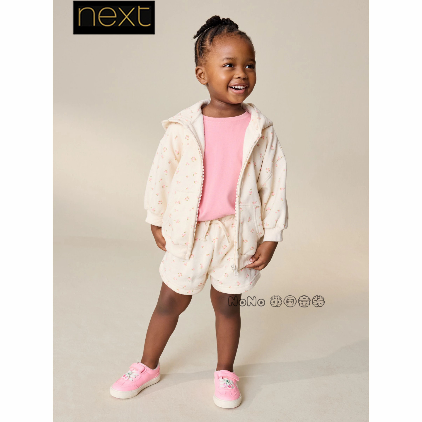 英国Next女童乳白粉色小碎花卫衣运动衫拉链连帽1-7岁新款W64-929