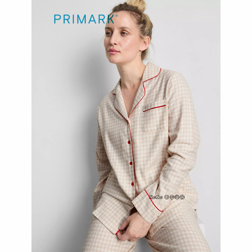 代购英国Primark女款成人大童卡其格子全棉长袖家居服睡衣裤新款