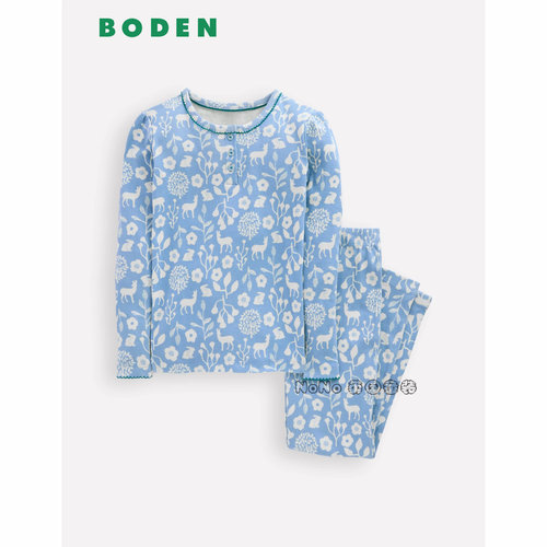 现货英国Mini Boden女大童蓝色小鹿碎花长袖家居服纯棉秋裤G5645