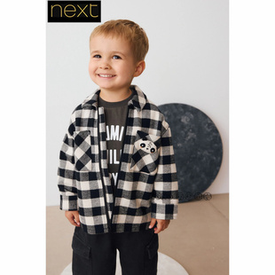 英国Next代购男童黑白格子熊猫衬衫外套T恤纯棉套装1-7岁AN9-522