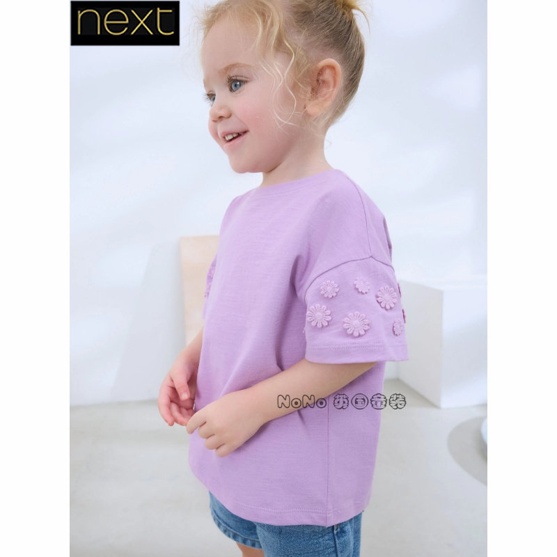 英国Next正品代购女童紫色刺绣短袖纯棉T恤净版AD8-243