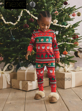 英国Next儿童兄妹红色圣诞老人驯鹿家居服睡衣裤1-10岁F75-826